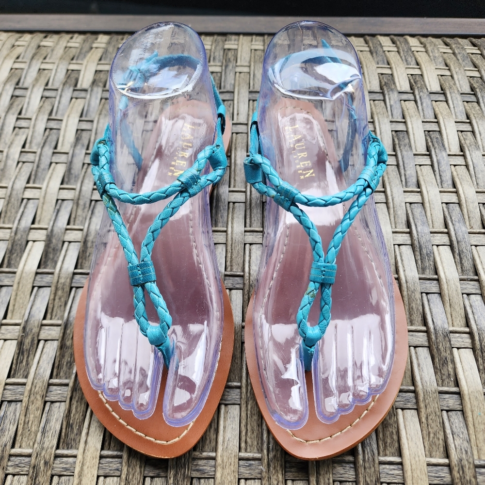 NWOT LAUREN RALPH LAUREN    ALEXA TURQUOISE BRAIDED LEATHER SANDALS - SI…